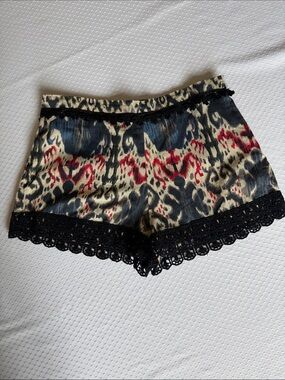 Angie Multicolor Ikat Print Shorts with Black Lace Trim